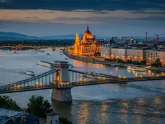 Budapest Parliament and Chain Bridge at dusk